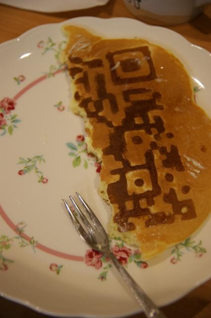The right half of a pancake on which a QR code is printed
